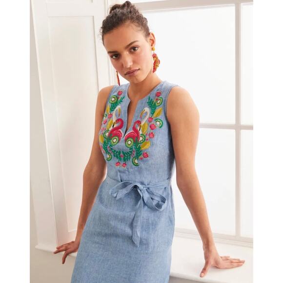 Boden blue chambray tropical bird embroidered linen midi dress - Picture 8 of 10